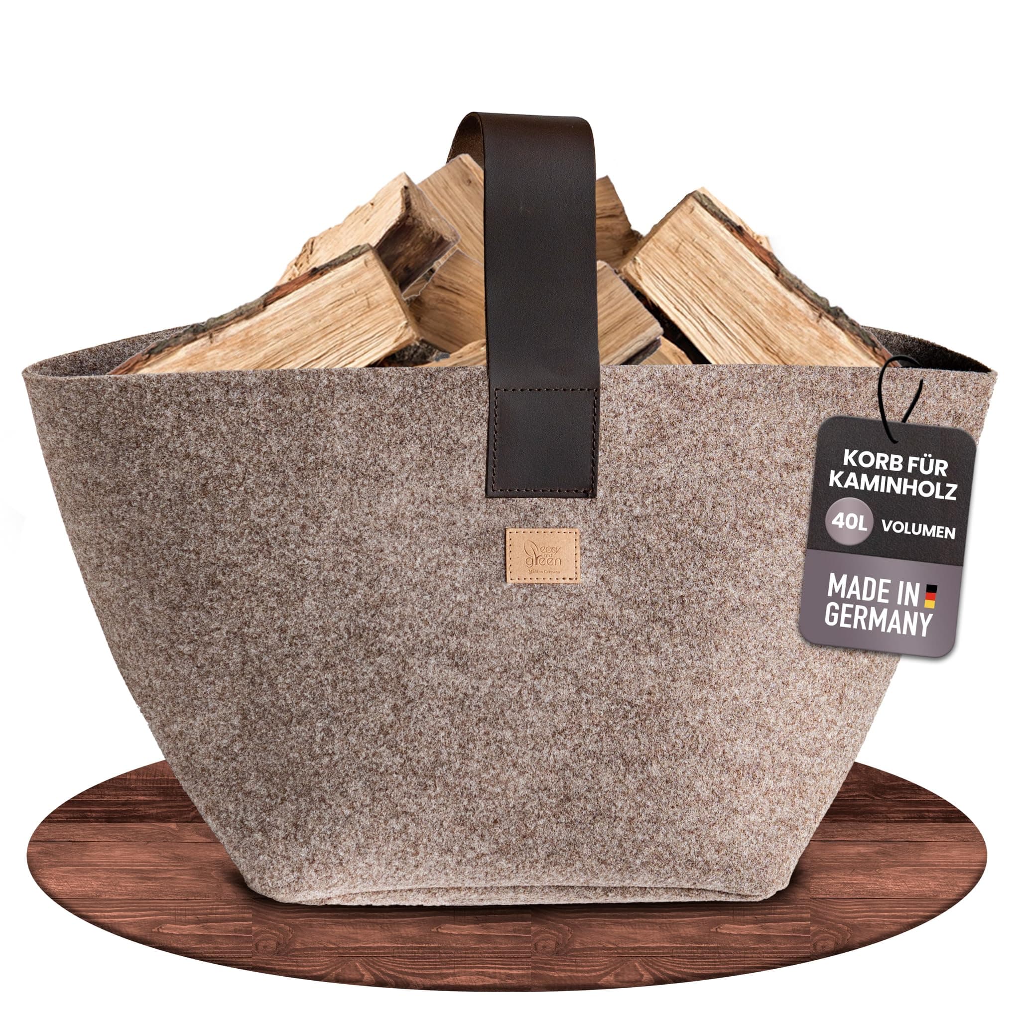 Designer Kaminholzkorb Filz [40L] - Made in Germany Holzkorb für Kaminholz aus upcycling rPET Filz mit Echtlederhenkel - Feuerholzkorb standfest und stabil (Beige)