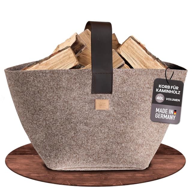 Designer Kaminholzkorb Filz [40L] - Made in Germany Holzkorb für Kaminholz aus upcycling rPET Filz mit Echtlederhenkel - Feuerholzkorb standfest und stabil (Beige)