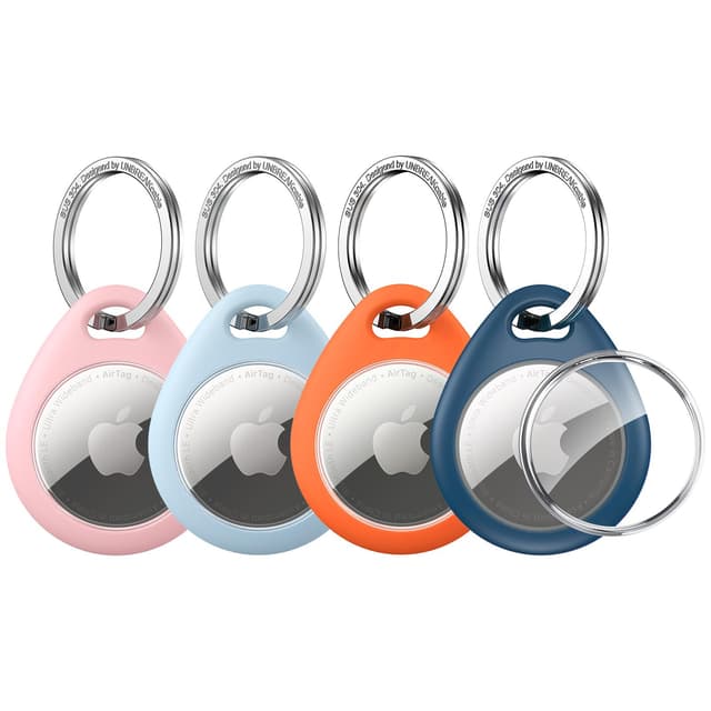 UNBREAKcable 4er-Pack Apple AirTag Halter [Sicherer Halt des AirTags] [Einfache Installation] [Perfekte Passform] wasserdichte TPU-Schutzhülle mit 304 Edelstahl-Schlüsselring - 4 Farben Blau / Orange / Hellblau / Hellrosa