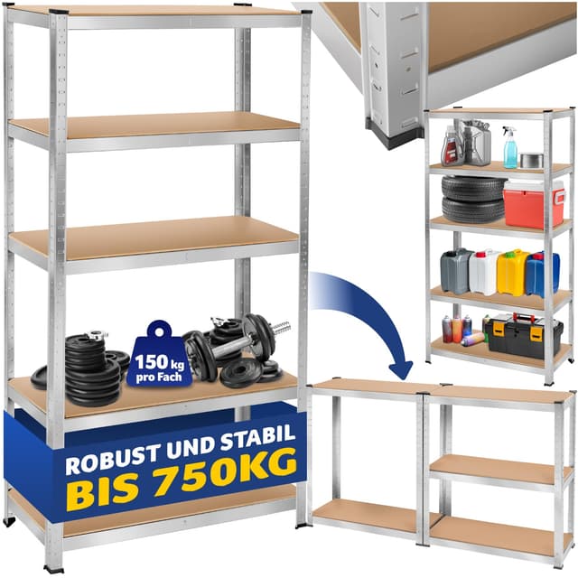 tectake® Schwerlastregal 180 x 90 x 40 cm, Werkstattregal, 150 kg pro Boden, Tragkraft 750 kg, 5 verstellbare Böden, Regal mit Werkbank-Option, Lagerregal für Werkstatt, Garage, Keller - 750 kg 180 x 90 x 40 cm, Belastbarkeit 750 kg
