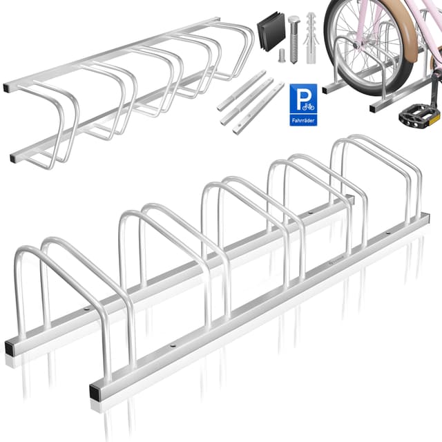 KESSER® Fahrradständer für 5 Fahrräder inkl. Parkschild | Mehrfachständer mit 37cm Radabstand für 30-65mm Reifenbreite | Fahrradhalter Aufstellständer für Boden- oder Wandmontage | Radständer Silber Silber 5 Fahrräder