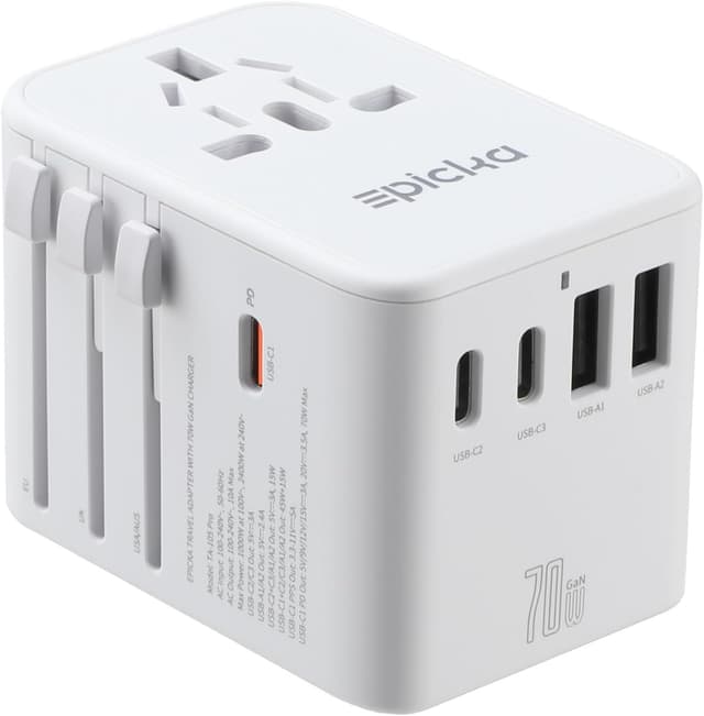 EPICKA Reiseadapter Weltweit, GaN Universal Reisestecker 70W PD Schnellladegerät, Travel Adapter mit 3 USB-C, 2 USB-A, Internationaler Steckdosenadapter für DE USA UK Japan Thailand Weiß