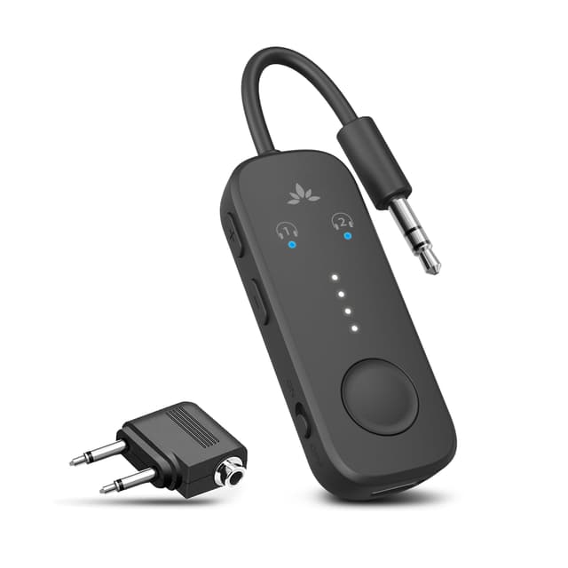 Avantree Relay – Bluetooth 5.3 Adapter für Flugzeug mit Qualcomm aptX Adaptive, für 2 AirPods oder Kopfhörer, 20Std. Wiedergabezeit, 3,5mm AUX Klinke Transmitter Sender für Reisen, Fitnessstudio Schwarz