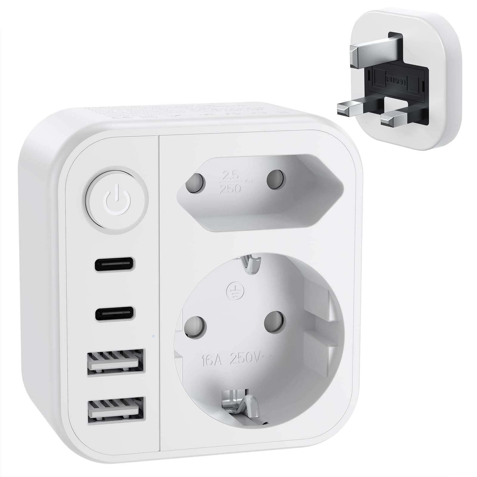 Reiseadapter UK mit Schalter, Adapter England Deutschland Stecker mit 2 USB-C 2 USB(3.4A) - Reisestecker Typ G UK Auf EU Steckdosenadapter für England, Irland, Dubai, Malediven Sri Lanka Stckdosen usw