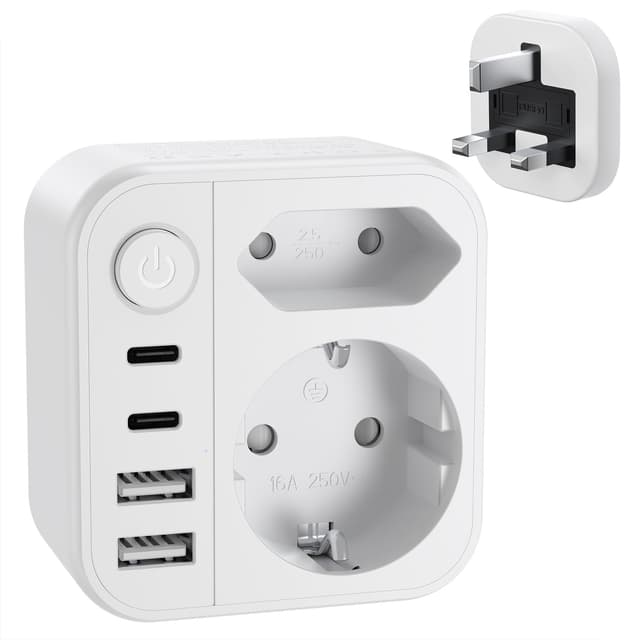 Reiseadapter UK mit Schalter, Adapter England Deutschland Stecker mit 2 USB-C 2 USB(3.4A) - Reisestecker Typ G UK Auf EU Steckdosenadapter für England, Irland, Dubai, Malediven Sri Lanka Stckdosen usw