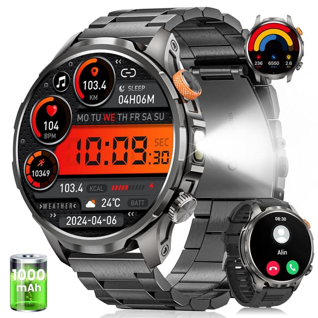 Smartwatch Herren mit 1000mAh Akku/LED Taschenlampen/1.91" AMOLED, 5ATM Wasserdicht Militär Smart Watch mit Telefonfunktion, 113 Sportmodi Fitnessuhr, 24/7 Herzfrequenz/Schlafmonitor/SpO2/iOS Android Schwarz Metall