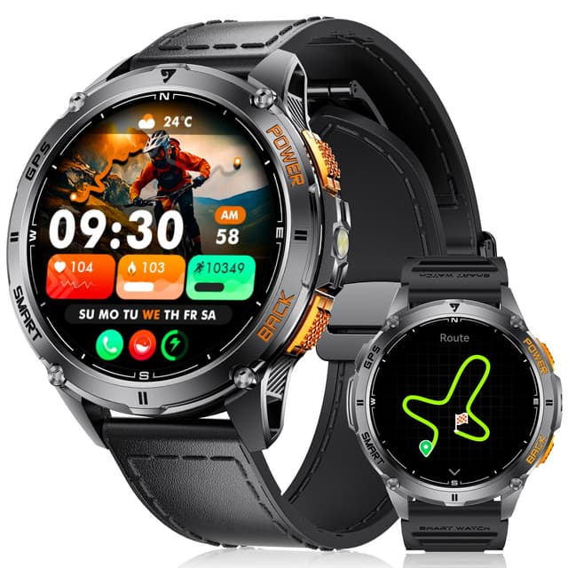 LIGE Integriertes GPS Smartwatch Herren, 1,43 Zoll AMOLED Smart Watch mit LED Taschenlampe for Android & iOS, 5ATM Wasserdicht, 300+ Zifferblätter, Kompass/Höhenmesser, 170+ Sportmodi, Graphitschwarz