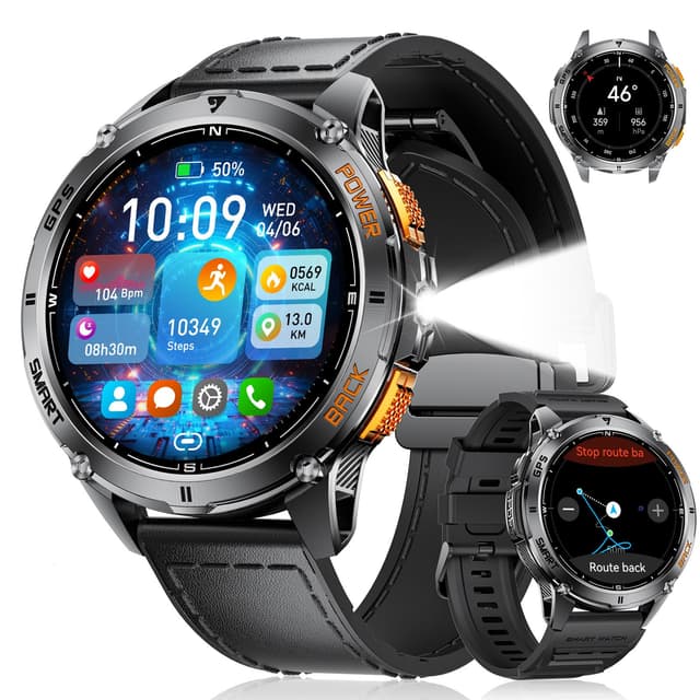LIGE Smartwatch GPS Herren mit LED Taschenlampe 1.43″AMOLED mit Telefonfunktion 600 mAh Batterie Männer Smartwatch für iOS Android,Schrittzähler/Schlafmonitor/Kompass,170 Sportmodi,Schwarz DM4-A
