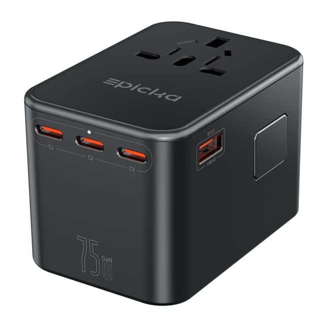 EPICKA Reiseadapter Weltweit, GaN 75W Reisestecker PD Schnellladegerät, Universal Travel Adapter mit 3 USB-C, 2 USB-A, Internationaler Steckdosenadapter für USA UK Kanada Japan Thailand TA-105 Max
