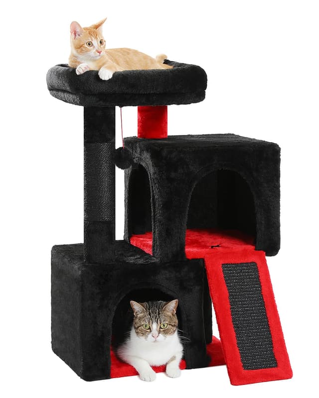 PETEPELA Kratzbaum mit Dual Condos für Wohnungskatzen, All-in-One-Katzenhaus mit gepolsterter Sitzstange, Kratzrampe und Pfosten und austauschbaren Bällen schwarz Schwarz S 77cm
