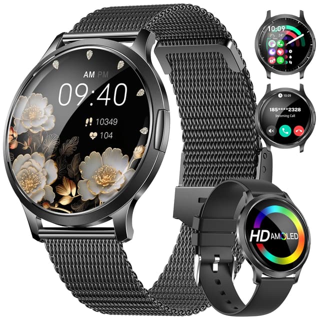 DREMAC Smartwatch Damen,1.32'' Amoled Kreisbogen Display,Damen Armbanduhr mit Pulsumesser/Menstruationszyklus/SpO2/Schlafmonitor,IP68 Wasserdicht Fitness Tracker für iOS Android Schwarz