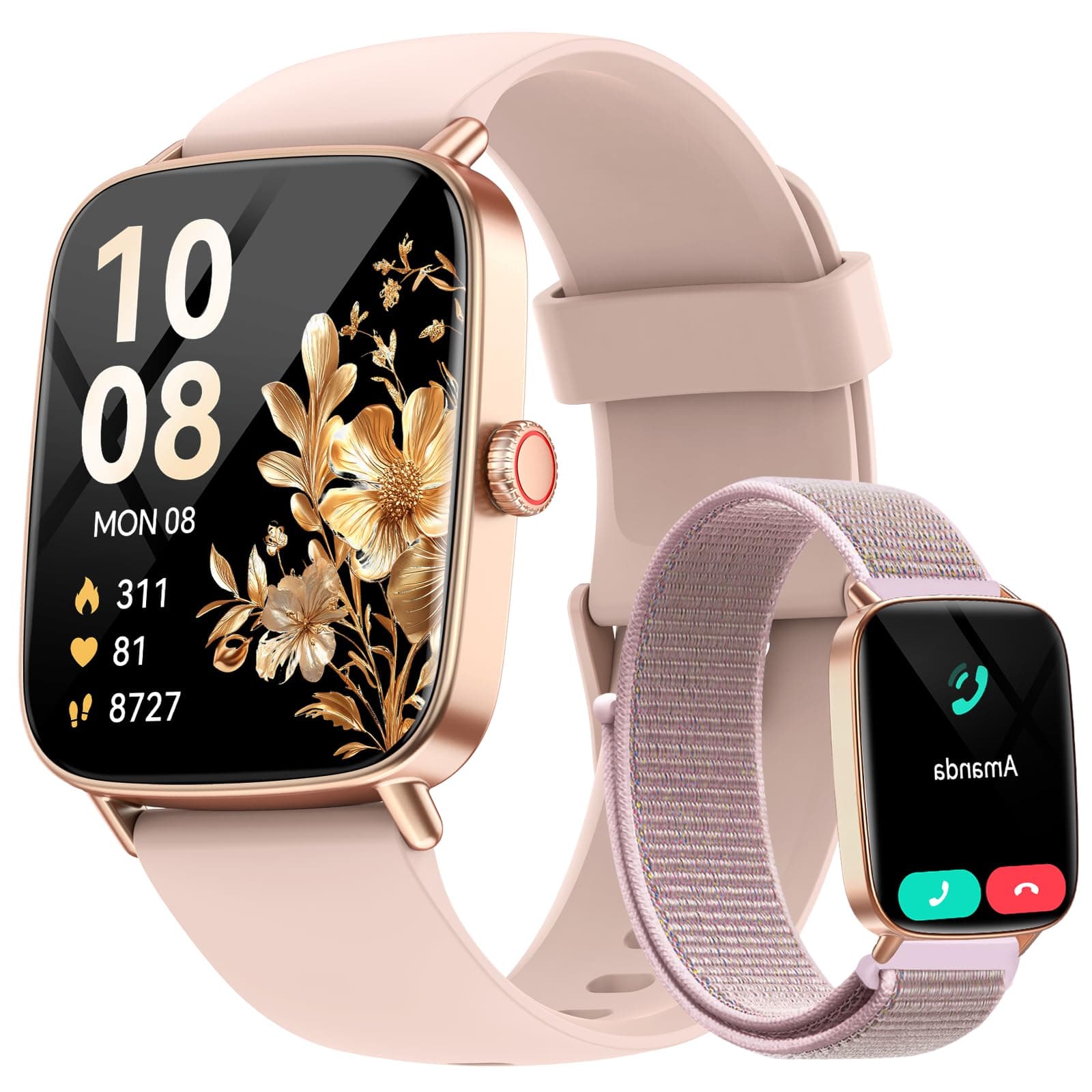 Smartwatch Damen mit Telefonfunktion,1.85" HD Uhren Damen mit Herzfrequenz Schlafmonitor SpO2 Schrittzähler,110+ Sportmodi Fitnessuhr,IP68 Wasserdichte Smart watch Kompatibel für iOS/Samsung/Android 1.85 Pink