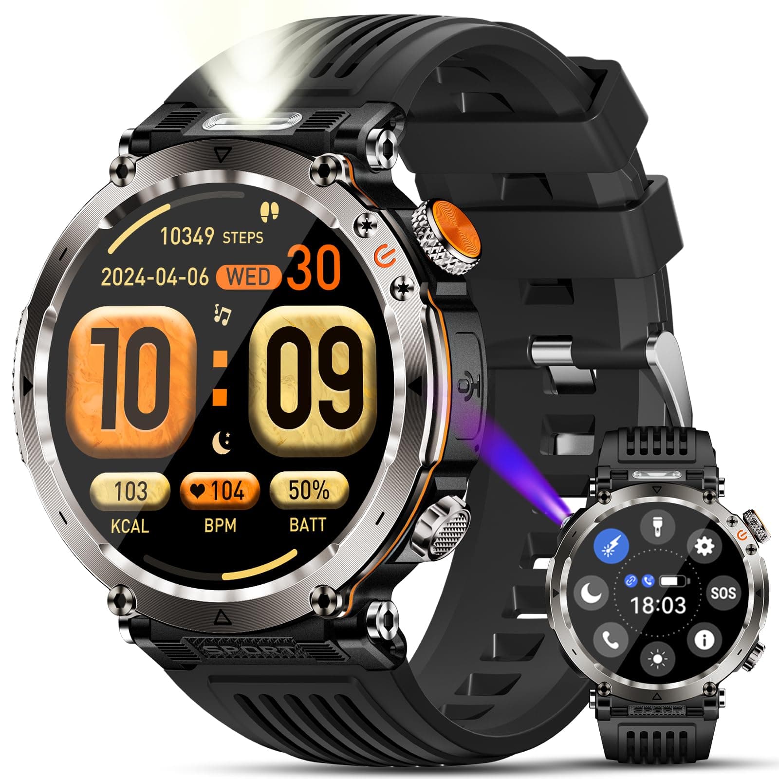 2025 Neue Smartwatch Herren mit LED Taschenlampe/UV-Licht/Kompass,600 mAh Akku,1,7''Outdoor Sportuhr,110+ Sportmodi,IP68 Wasserdicht Fitnessuhr mit Herzfrequenz,Schlafmonitor für Android iOS (Schwarz)