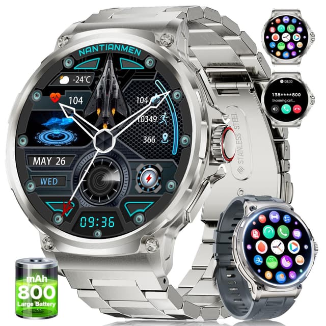 SUNKTA Smartwatch Herren Militär,800 mAh Akku/1,85'' HD-Display-Sportuhr/120+ Sportmodi,IP68 Wasserdicht Großes Fitnessuhr mit Herzfrequenz,SpO2,Schlafmonitor für Android/iOS 2 Armbänders EF10-B1