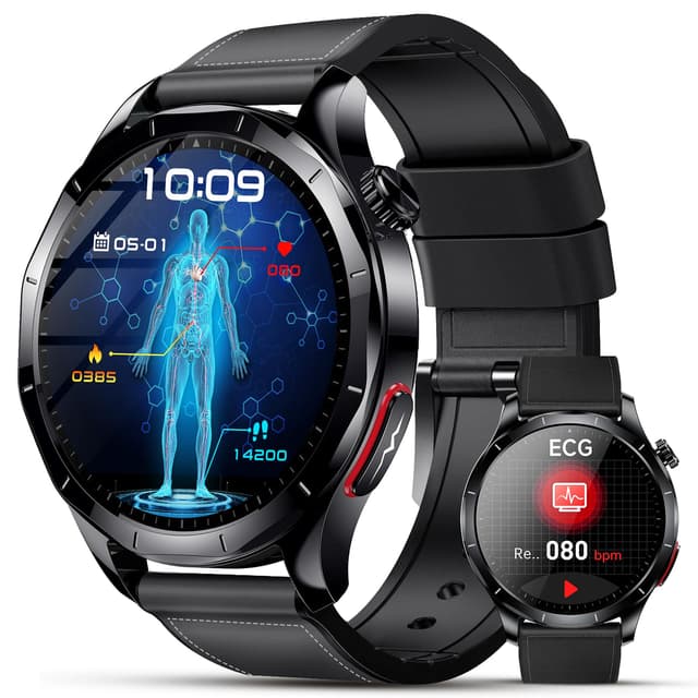 Lgnitek Smartwatch Herren Damen mit EKG+HRV/ΒΙυτｚυcker/ΒΙυtdruckmessung/Harnsäure/BMI, 1,43 Zoll AMOLED Gesundheitsuhr mit SOS-Notruf, 24/7 Herzfrequenz/Apnoe/Schlafmonitor/SpO2, Android/iOS Schwarz Lederarmband