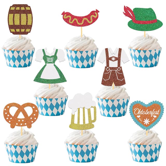 Moitkptt 24 Stück Glitzer Oktoberfest Cupcake Topper, Tortendeko, Bierfest Party Picker, Deutsches Kuchendeko für Deko, Bayerische Dessert Dekorationen (Oktoberfest-A)