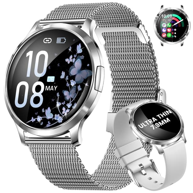 HIRREO Smartwatch Damen Telefonischer Anruf Dünner 1.32" HD AMOLED Touchscreen Smartwatch Damen Silber Kompatibilität iOS Android,2 Armbändern,100+ Sportmodi/Kalorie/Schlaf/Menstruationszyklus B-Argenté Métal Gris Silicone