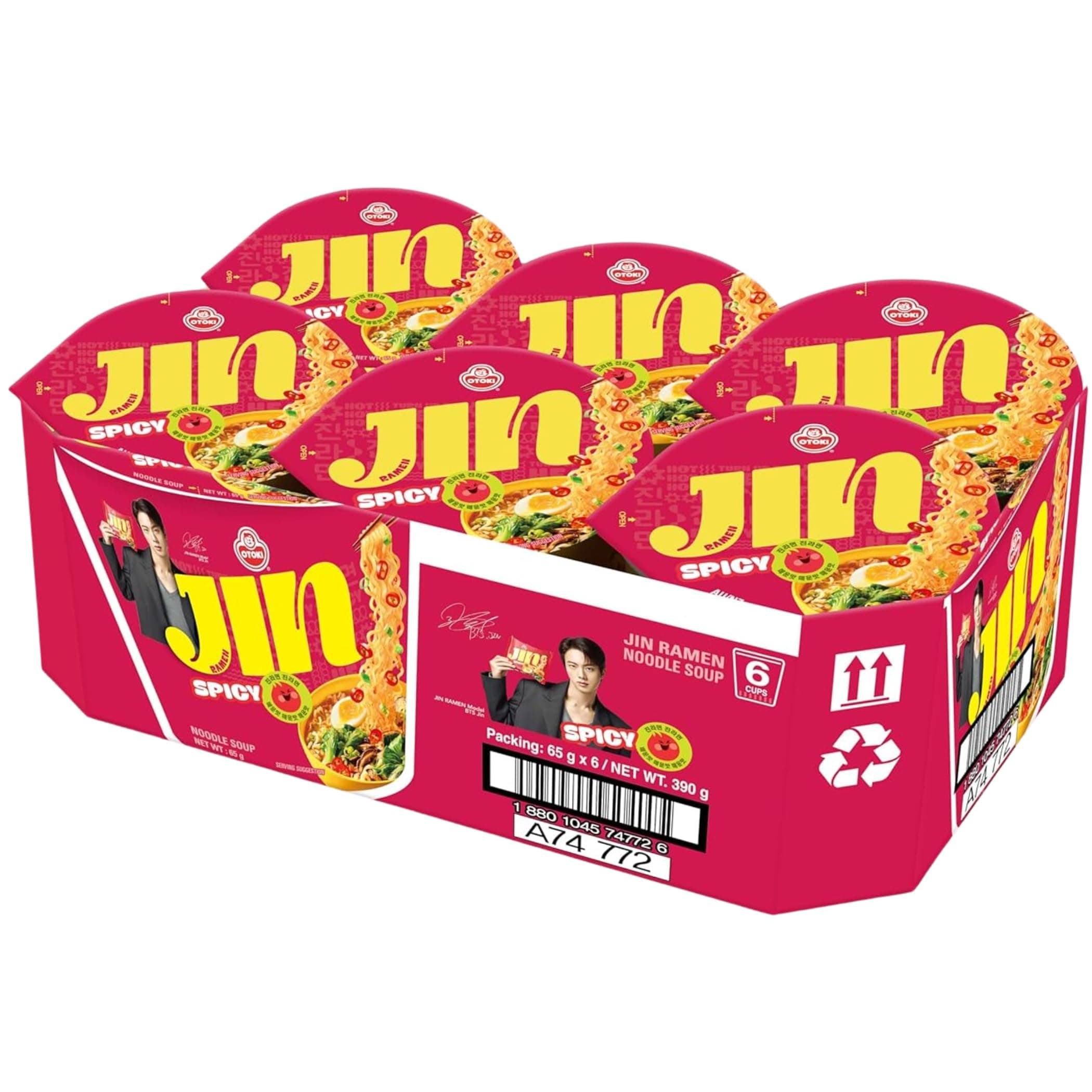 OTOKI Jin Ramen | 65g x 6er Cup-Ramen | Koreanische Instantnudeln | Lieblingsramen von BTS Jin | Schnell & einfach zubereitet in Minuten | Ideal als Snack oder Mahlzeit (6er, Scharf) Scharf 65 g (6er Pack)