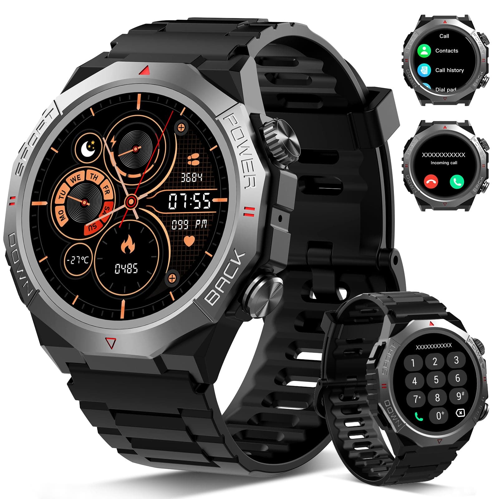 Militär Smartwatch Herren Damen, Smart Watch mitTelefonfunktion 1,39" Touchscreen, Herzfrequenzmonitor Schlafmonitor IP68 Wasserdicht Sportuhr, 110+ Sportmodi Fitnessuhr für iOS Android, Schwarz Klassisch