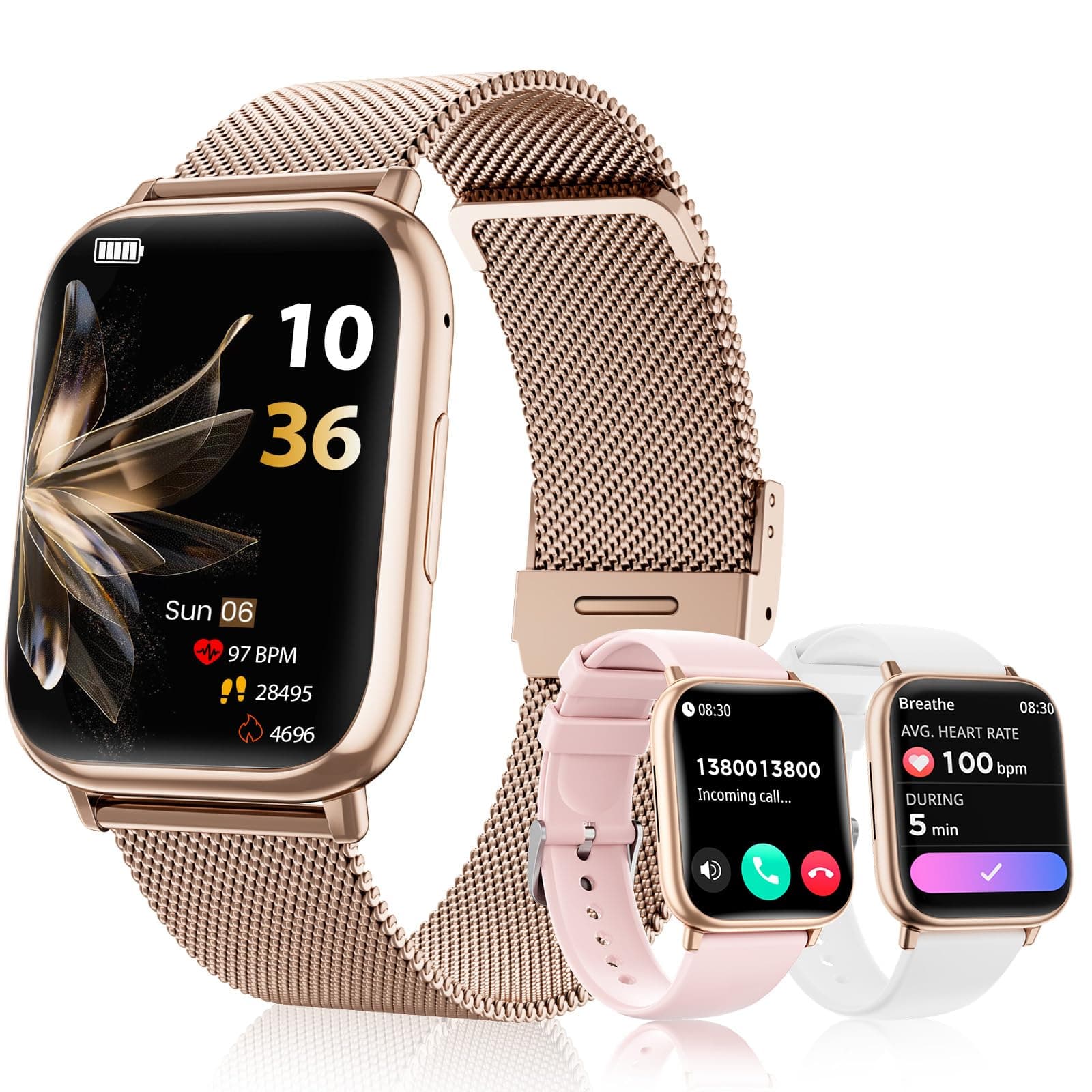 Smartwatch Damen, 1.83" Touchscreen Fitnessuhr, mit Telefonfunktion Smart Watch Fitness SpO2 Blutdruckmessung Schlafmonitor Pulsmesser Schrittzähler 120+ Sportmodi, für Android iOS (Rose Gold)