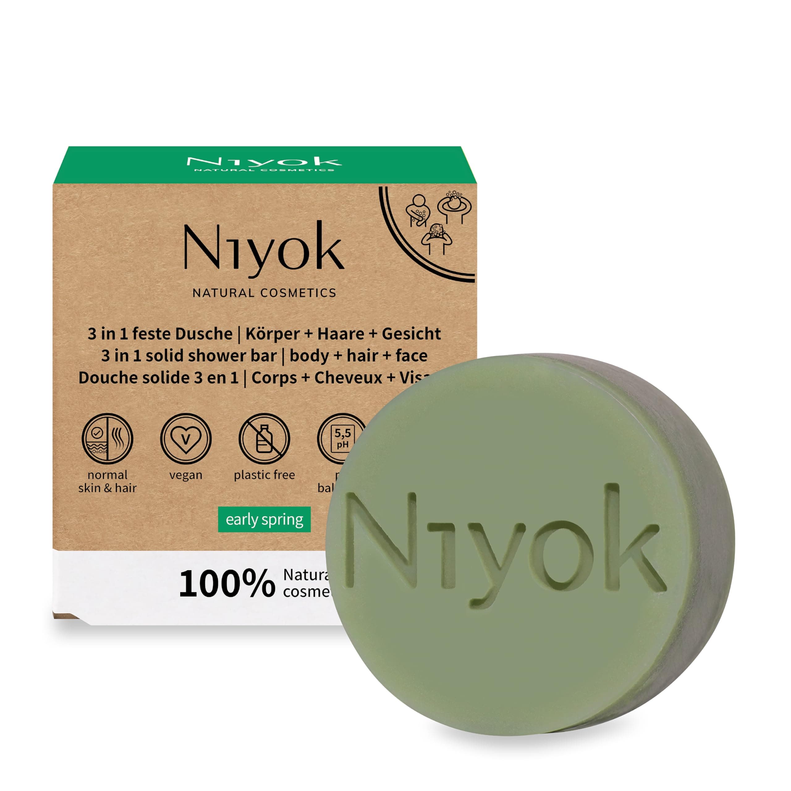 Niyok® 3-in-1 Feste Dusche "Early Spring" (80g) • Für Körper, Haare & Gesicht • Festes Duschgel, festes Shampoo & Gesichtsreinigung in Einem • Bio Naturkosmetik • Plastikfrei & Vegan