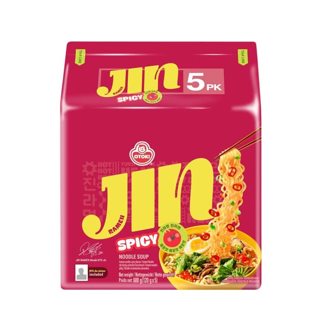 OTOKI Jin Ramen 5er Pack | Koreanische Instantnudeln mit BTS Jin Sticker | Lieblingsramen von BTS Jin | Schnell & einfach zubereitet in Minuten | Ideal als Snack oder Mahlzeit (5er Pack, Scharf) Scharf 120 g (5er Pack)