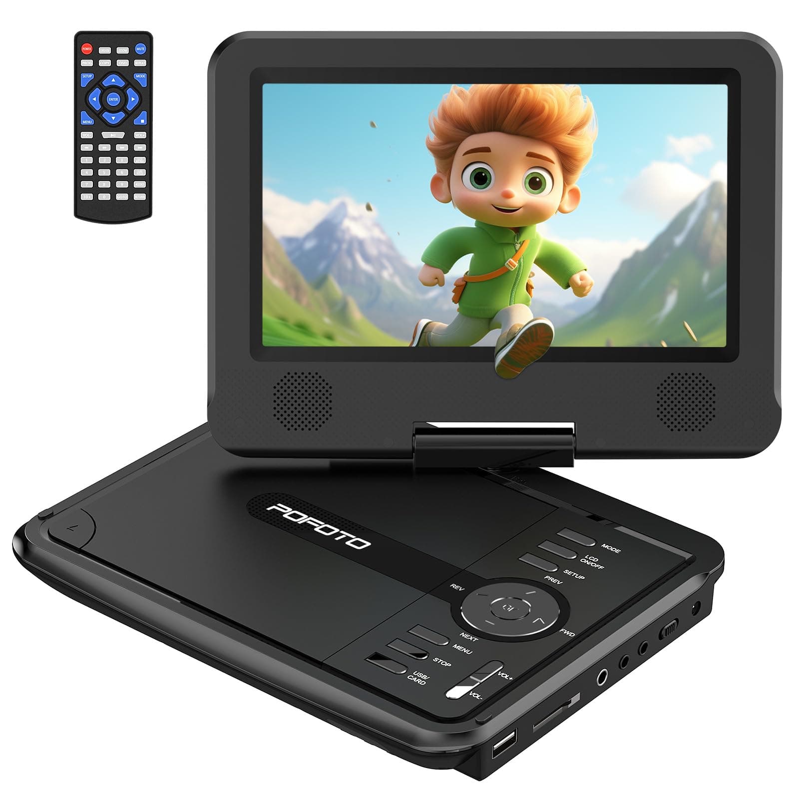 POFOTO 9,5" Tragbarer DVD Player mit 7,5" HD-Schwenkbaren Bildschirm, 4-6 Stunden Wiederaufladbare Batterie, DVD Player Auto mit Dual-Lautsprechern, Autoladegerät, Netzteil, Sync TV/USB/SD-Karte Schwarz