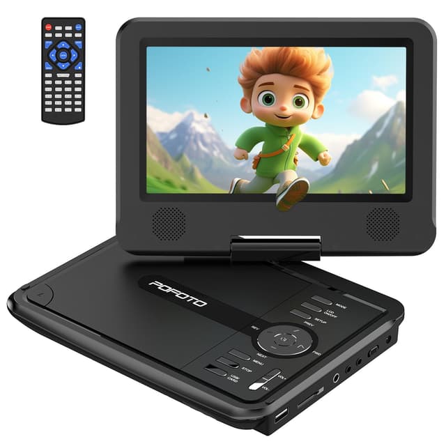POFOTO 9,5" Tragbarer DVD Player mit 7,5" HD-Schwenkbaren Bildschirm, 4-6 Stunden Wiederaufladbare Batterie, DVD Player Auto mit Dual-Lautsprechern, Autoladegerät, Netzteil, Sync TV/USB/SD-Karte Schwarz
