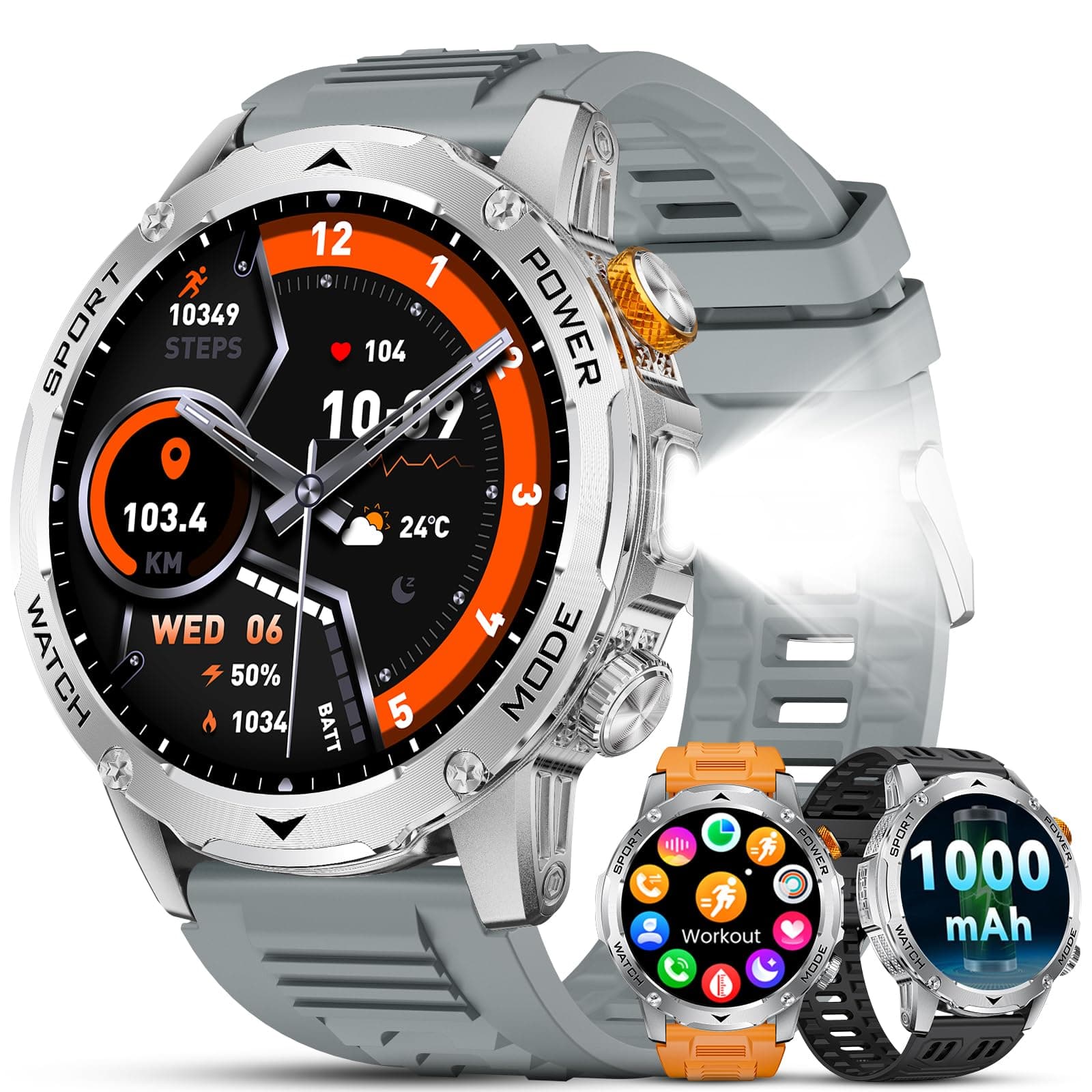 LIGE Smartwatch Herren 1000mAh Akku, 1,75" AMOLED Bluetooth Telefonfunktion Smart Watch mit Taschenlampe, 120+ Sportmodi Fitnessuhr, SpO2/Herzfrequenz/Schlafmonitor IP68 Wasserdicht Silber EF12-J
