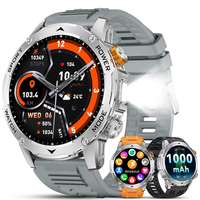 LIGE Smartwatch Herren 1000mAh Akku, 1,75" AMOLED Bluetooth Telefonfunktion Smart Watch mit Taschenlampe, 120+ Sportmodi Fitnessuhr, SpO2/Herzfrequenz/Schlafmonitor IP68 Wasserdicht Silber EF12-J