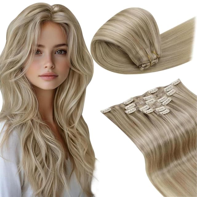 LaaVoo Clip in Extensions Echthaar Blond Highlight Echthaar Extensions Clip Glatt Haarverlängerung Clips in Extensions für Komplette Kopf 7Stück 35cm 105g #16/22 35cm-105g 4.1#16/22