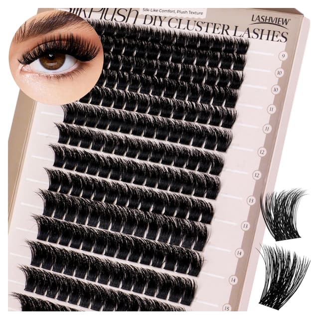 LASHVIEW W03 Wimpern Extensions, 168 Pieces Cluster Lashes, D Curl Volume Fake Lashes, Künstliche Wimpern mit Silk Plush Soft Fluffy, DIY Cluster Eyelash at Home Style (9-16mm Mix)