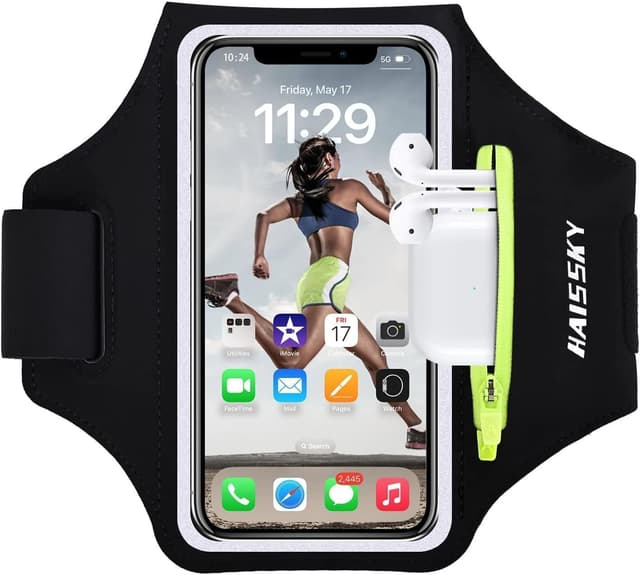 Handy Armband Joggen Sportarmband Mit Kopfhörer SchlüsselTasche, Handyhalterung Arm Joggen Handy Armbänder mit Kartenschlitz für iPhone 16 Pro Max/15 Pro/14/13 Pro/12 Plus,Handytasche Running Zubehör Black (Aktualisierte,Bis zu ,6,9")