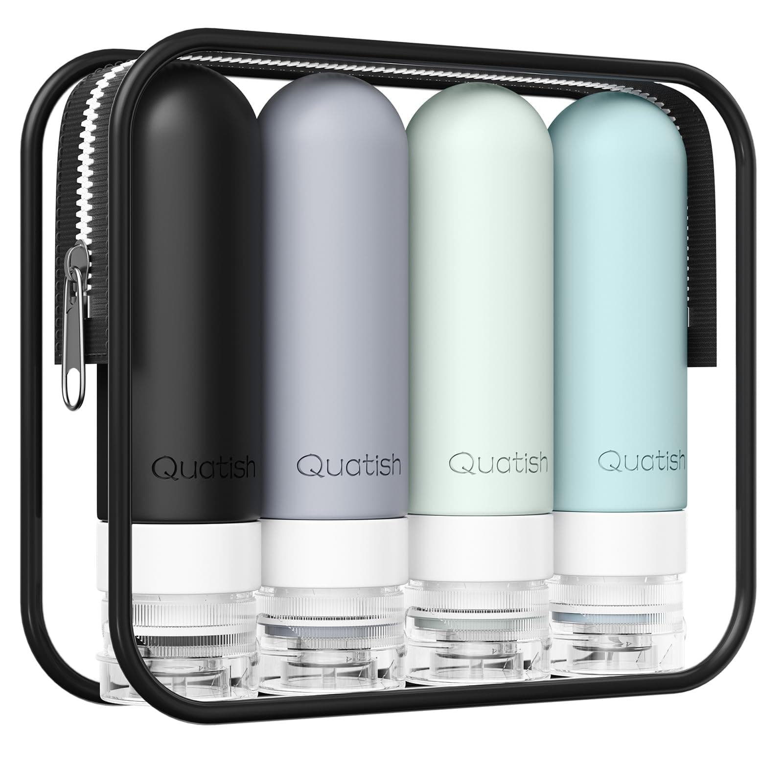 Quatish Reiseflaschen Zum Befüllen, Original Patentierte Auslaufsichere Silikon Reiseflaschen, 3 oz Tsa Genehmigt, Shampoo und Conditioner Flaschen, 4 Packung, Grau