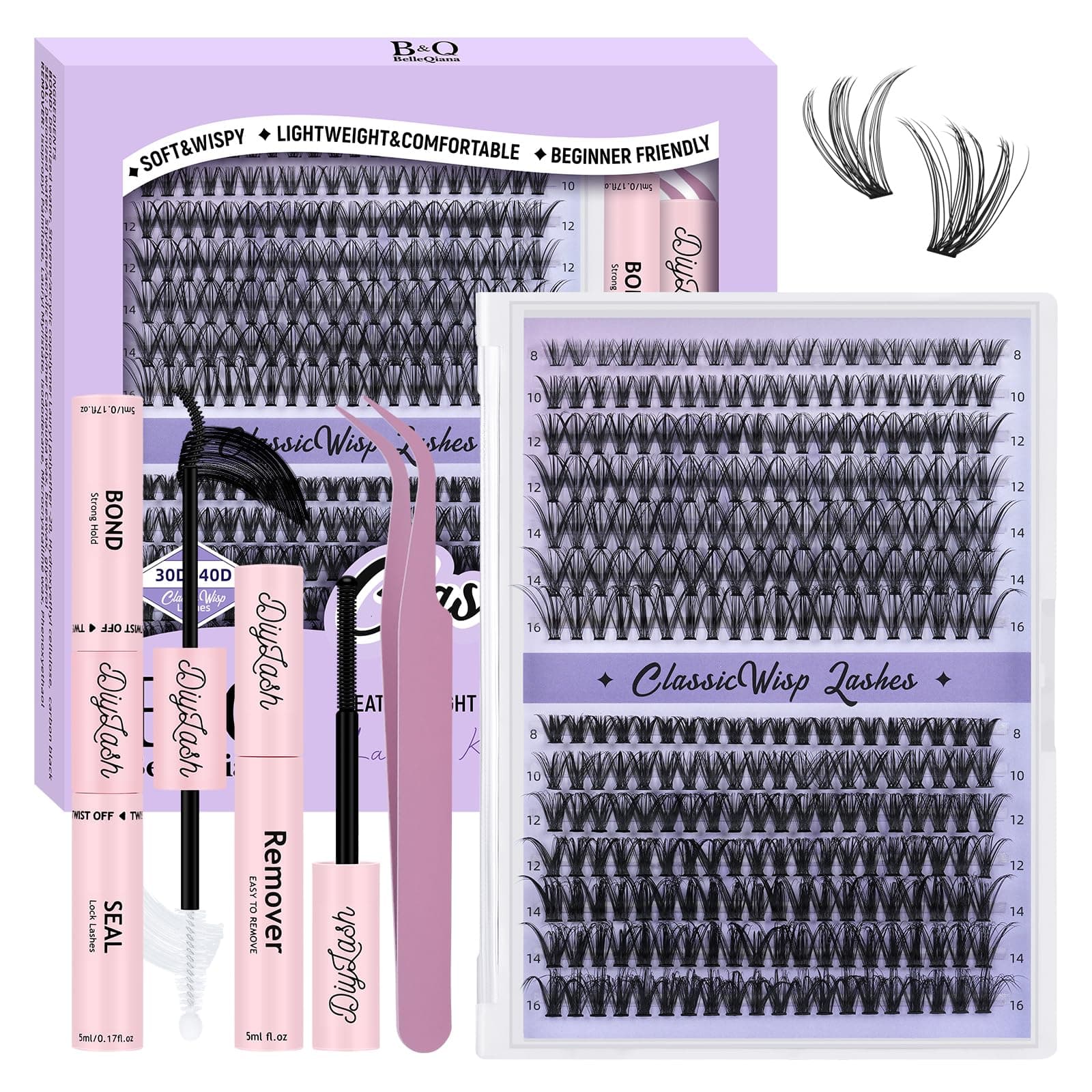 B&Q ClassicWisp Wimpern Extensions Set - 280PCS Cluster Lash Set mit Bond+Seal+Remover, Wimpern Pinzette & Bürste, 30D+40D Natürliche Weiche D curl Fake Lashes 8-16 Mix, Schwarze Lash Clusters Wimpern Set D-30D+40D