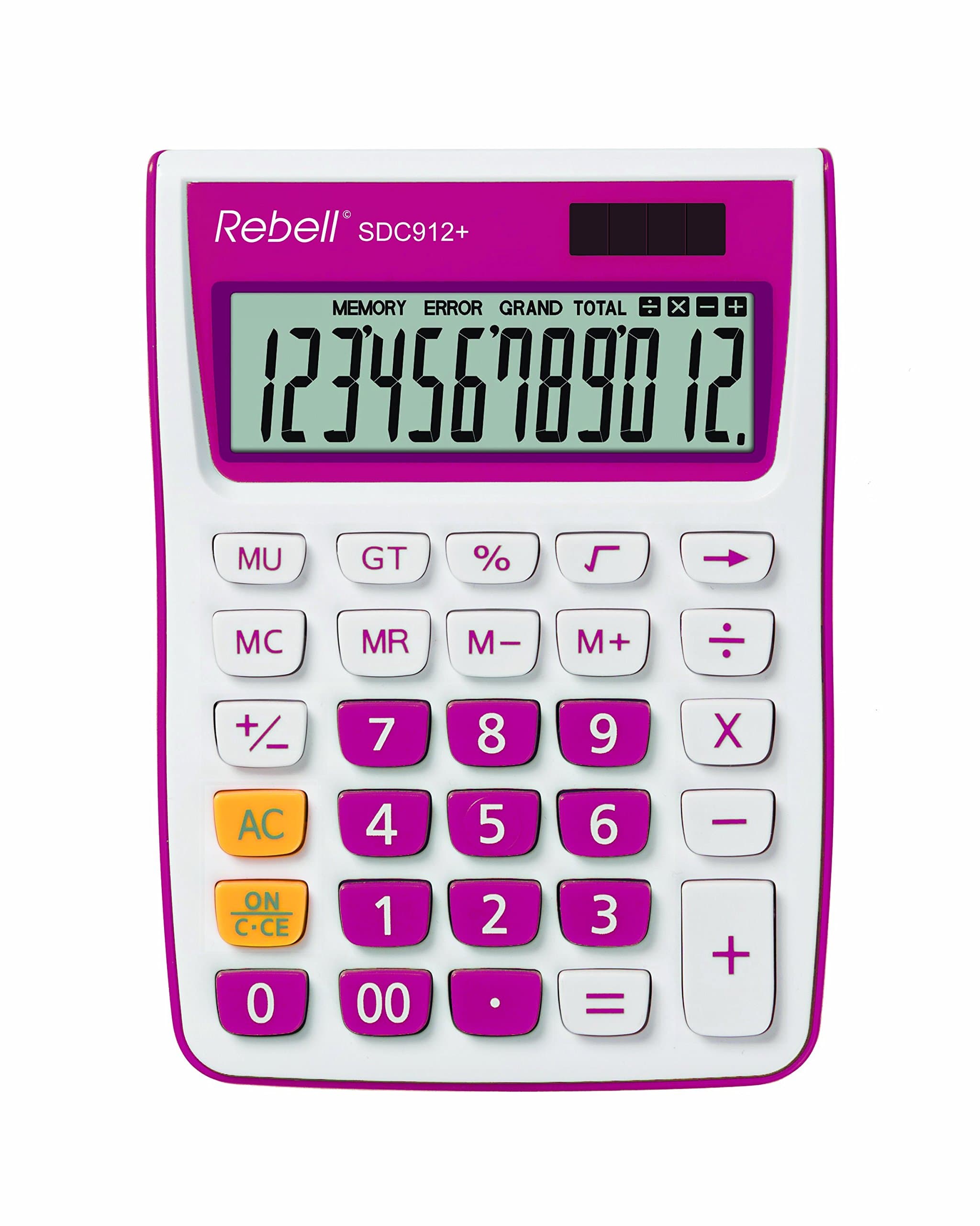 Rebell RE-SDC912PK Tischrechner SDC912, 12-stelliger Tischrechner für Büro und Zuhause, Dualbetrieb, pink