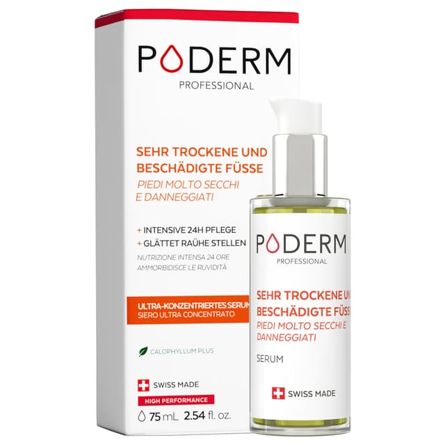 PODERM - SEHR TROCKENE UND BESCHÄDIGTE FÜSSE - Repariert und intensiv pflegt für 24 Stunden - Sichtbar reparierte Füße in 7 Tagen - 100% natürliche Inhaltsstoffe - Fußpflege - Swiss Made