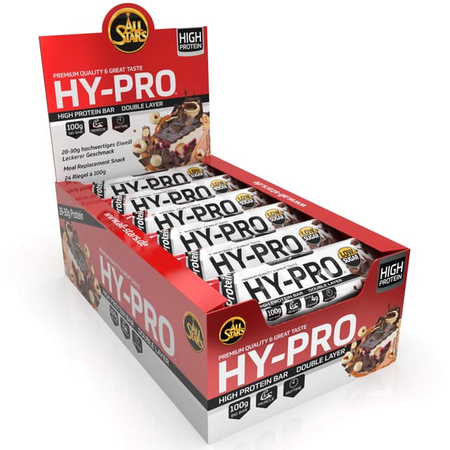 ALL STARS Hy-Pro Big Protein Bar 24 x 100g Double Chocolate - Leckerer Riegel mit 30g Eiweiß & 22g Kohlenhydraten, Trainingssnack mit Milcheiweiß & Whey Protein Double Chocolate 24 x 100g