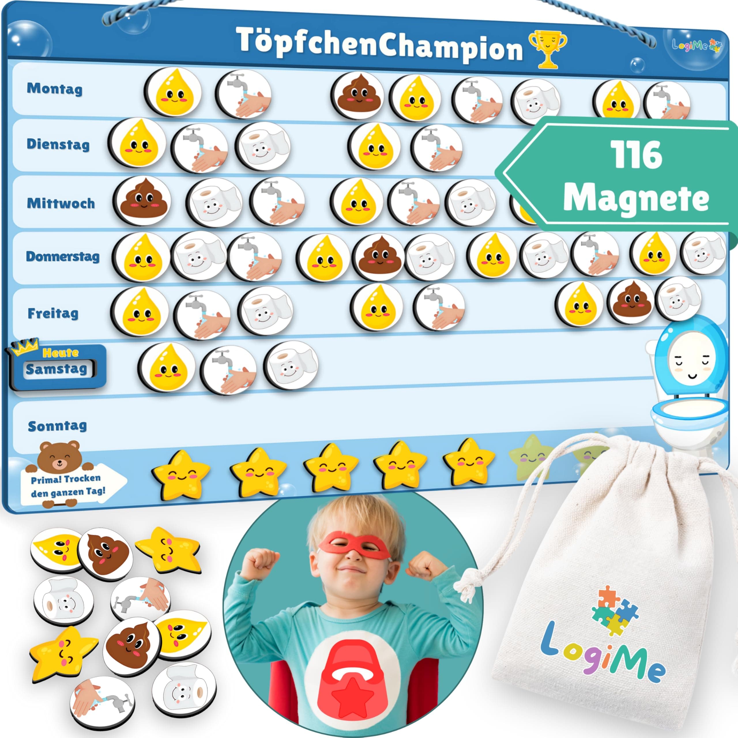 𝐋𝐨𝐠𝐢𝐌𝐞® Töpfchentraining inkl. 116 MAGNETE - Pipi und Kacka Belohnungssystem für Kinder - Kalender fürs Töpfchen Training - Toilettentraining magnetisch Klo - Toilettentrainer Toilette Kleinkind TöpfchenChampion