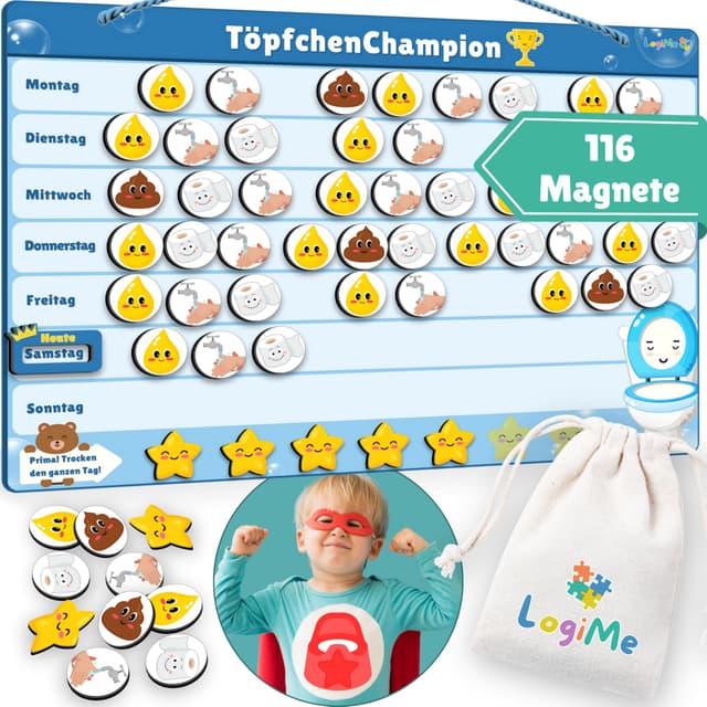 𝐋𝐨𝐠𝐢𝐌𝐞® Töpfchentraining inkl. 116 MAGNETE - Pipi und Kacka Belohnungssystem für Kinder - Kalender fürs Töpfchen Training - Toilettentraining magnetisch Klo - Toilettentrainer Toilette Kleinkind TöpfchenChampion
