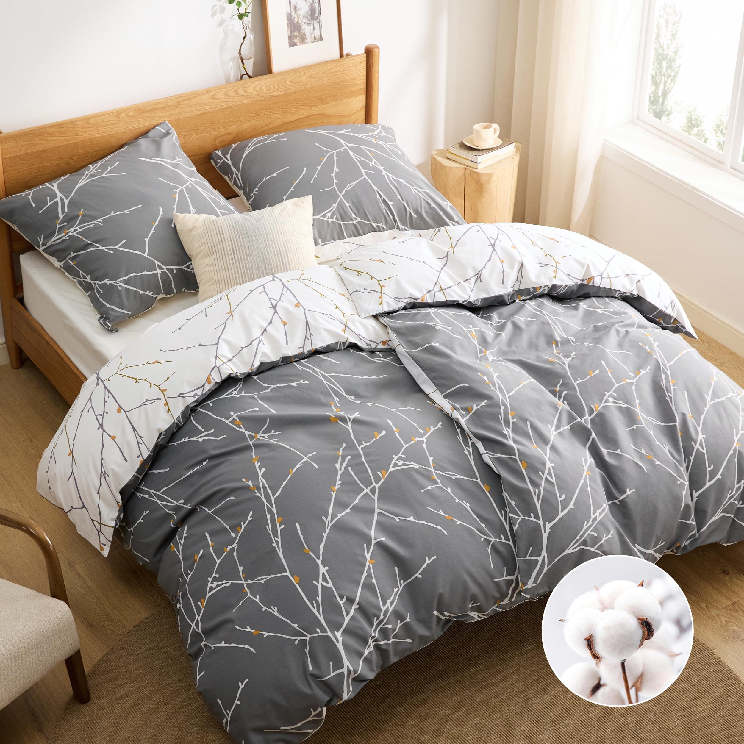 BEDSURE Bettwäsche 135x200 Baumwolle 4teilig - Bettwäsche-Sets Grau Bettbezug 2er Set mit 2 Kissenbezüge 80x80 cm, ÖKO-TEX Wendebettwäsche Bedding Zweige Muster mit Reißverschluss 135 x 200 cm 4 teilig Grau/ Beige/ Orange