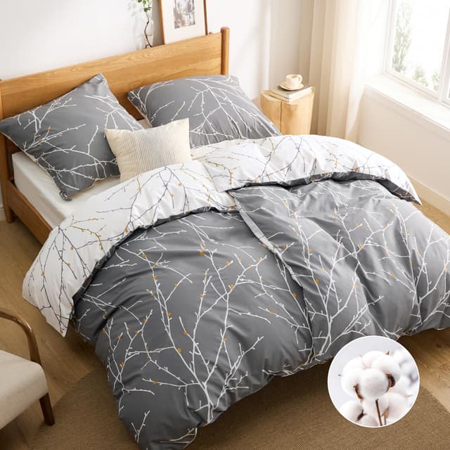 BEDSURE Bettwäsche 135x200 Baumwolle 4teilig - Bettwäsche-Sets Grau Bettbezug 2er Set mit 2 Kissenbezüge 80x80 cm, ÖKO-TEX Wendebettwäsche Bedding Zweige Muster mit Reißverschluss 135 x 200 cm 4 teilig Grau/ Beige/ Orange