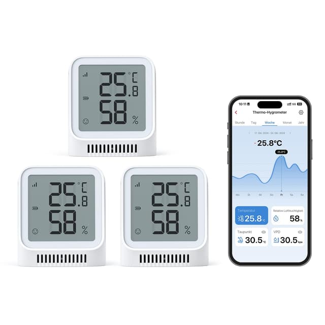 X-sense 3 Stück WLAN Thermometer Hygrometer Innen mit X-Sense App, Mini Digital Raumthermometer, Angepasster Komfortbereich, Smiley-Indikator, kompatibel mit Alexa, erfordert Basisstation SBS50 3 Sensoren（sbs50 Basisstation Nicht Enthalten)