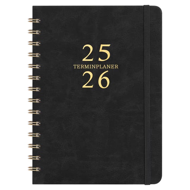 Kalender 2025 2026 - A5 Terminplaner 2025 2026 von Aug. 2025 bis Sep. 2026, Kalender 2025 2026 Buchkalender, Wochenplaner 2025 2026 mit Innentasche, Elastischer Verschluss, 21.3 x 14.7cm - Schwarz