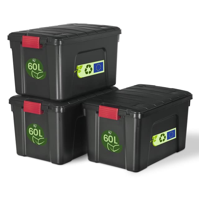 Iris Ohyama, große Kunststoff-Aufbewahrungsbox, 60 l Garagen-Aufbewahrungsbox, 3er-Set, SIA-60, schwarz, stapelbar, Verschlussklammern ? B59 x T39,5 x H35,5 cm 60L x3