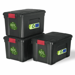 Iris Ohyama, große Kunststoff-Aufbewahrungsbox, 60 l Garagen-Aufbewahrungsbox, 3er-Set, SIA-60, schwarz, stapelbar, Verschlussklammern ? B59 x T39,5 x H35,5 cm 60L x3 Angebot bei HelloDeals