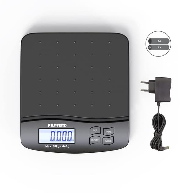 Nilpferd Digitale Paketwaage 5g-30kg in 1g Schritten, Postwaage, Briefwaage, eine Waage für alle Zwecke (Haus/Büro/Lager/Markt),Grammgenau mit LCD Anzeige, Batterien enthalten(Schwarz) Schwarz-30kg