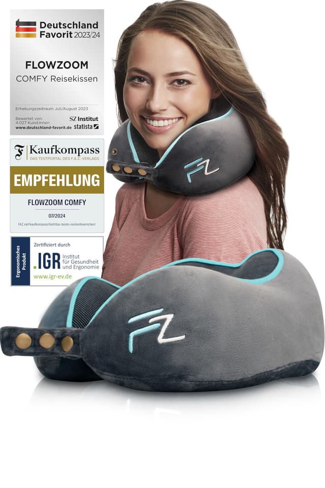 FLOWZOOM Comfy Nackenkissen Flugzeug & Auto - Einstellbares Memory Foam Reisekissen mit flexiblen Druckknöpfen für 360° Stütze, atmungsaktiver weicher Bezug - inkl. Transportbeutel - Grau Comfy - Grau