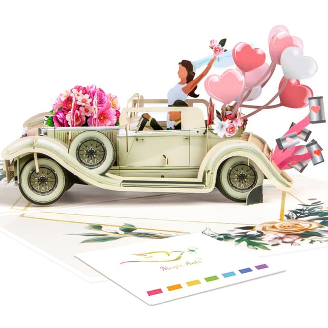Magic Ants Just Married 3D Pop Up Hochzeitskarte – Just Married mit Oldtimer und Blumenmotiv– Romantische Karte für Braut und Bräutigam, Verlobung, Brautparty, frisch Vermählte, Hochzeitsglückwünsche Braut und Bräutigam im Vintage-Auto