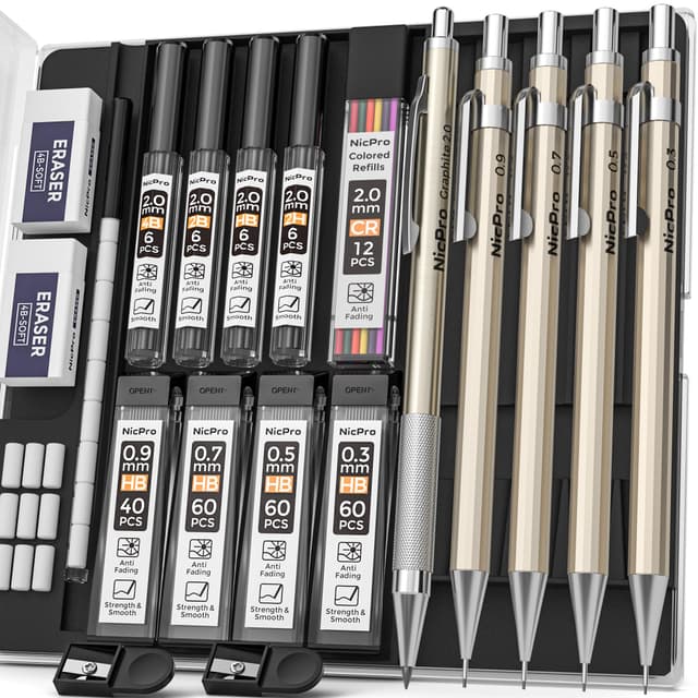 Nicpro 5 Stück Metall Druckbleistift Set mit Etui, Künstler Bleistifte mit 9 Dosen Ersatzminen 0,3, 0,5, 0,7, 0,9 und 2 mm (2H HB 2B 4B Farbige Mine), 2 Radiergummis, zum Skizzieren und Zeichnen Champagner